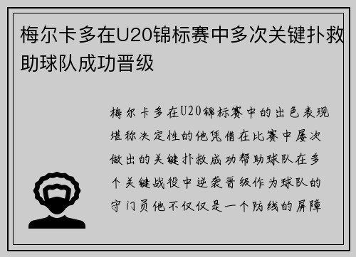 梅尔卡多在U20锦标赛中多次关键扑救助球队成功晋级 梅尔卡多在U20锦标赛中多次关键扑救助球队成功晋级